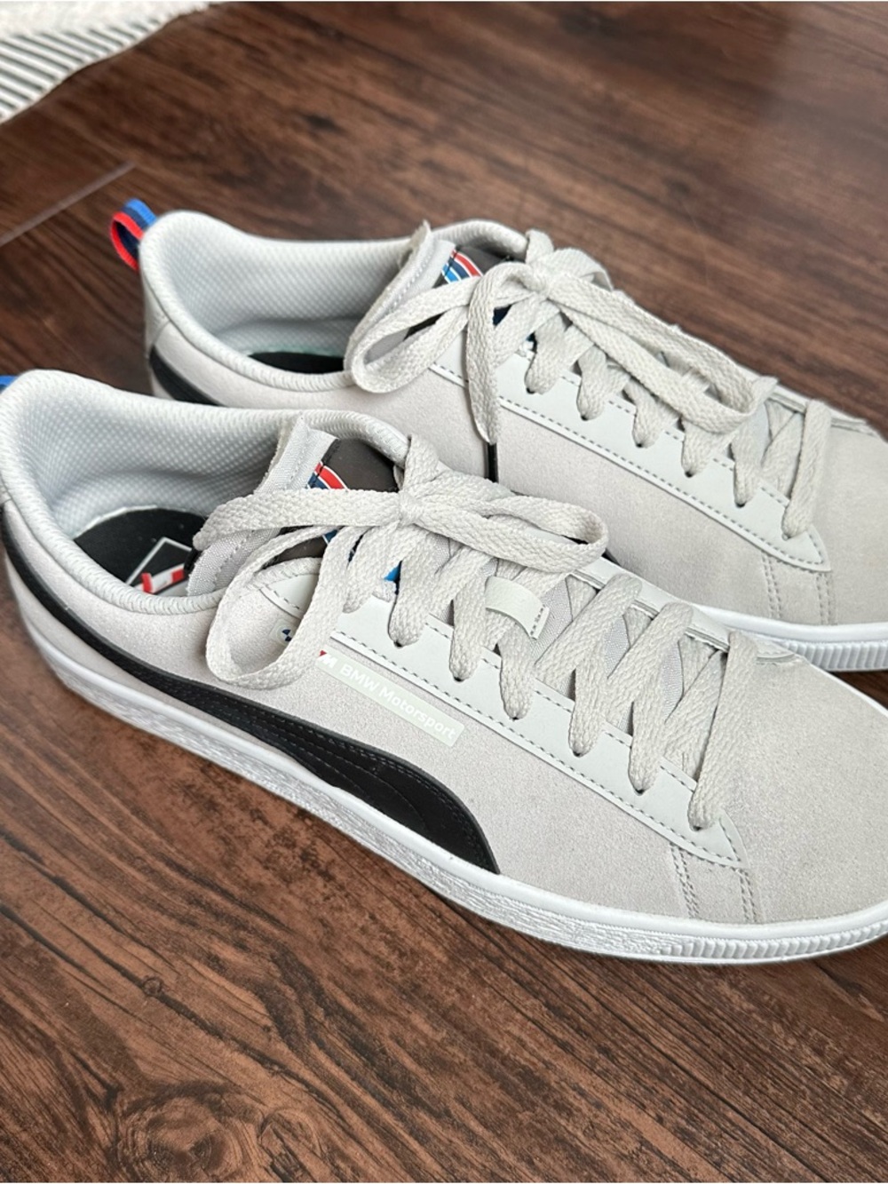 PUMA BMW Men’s Suede Classic Sneakers in Light Gray with Black Stripe